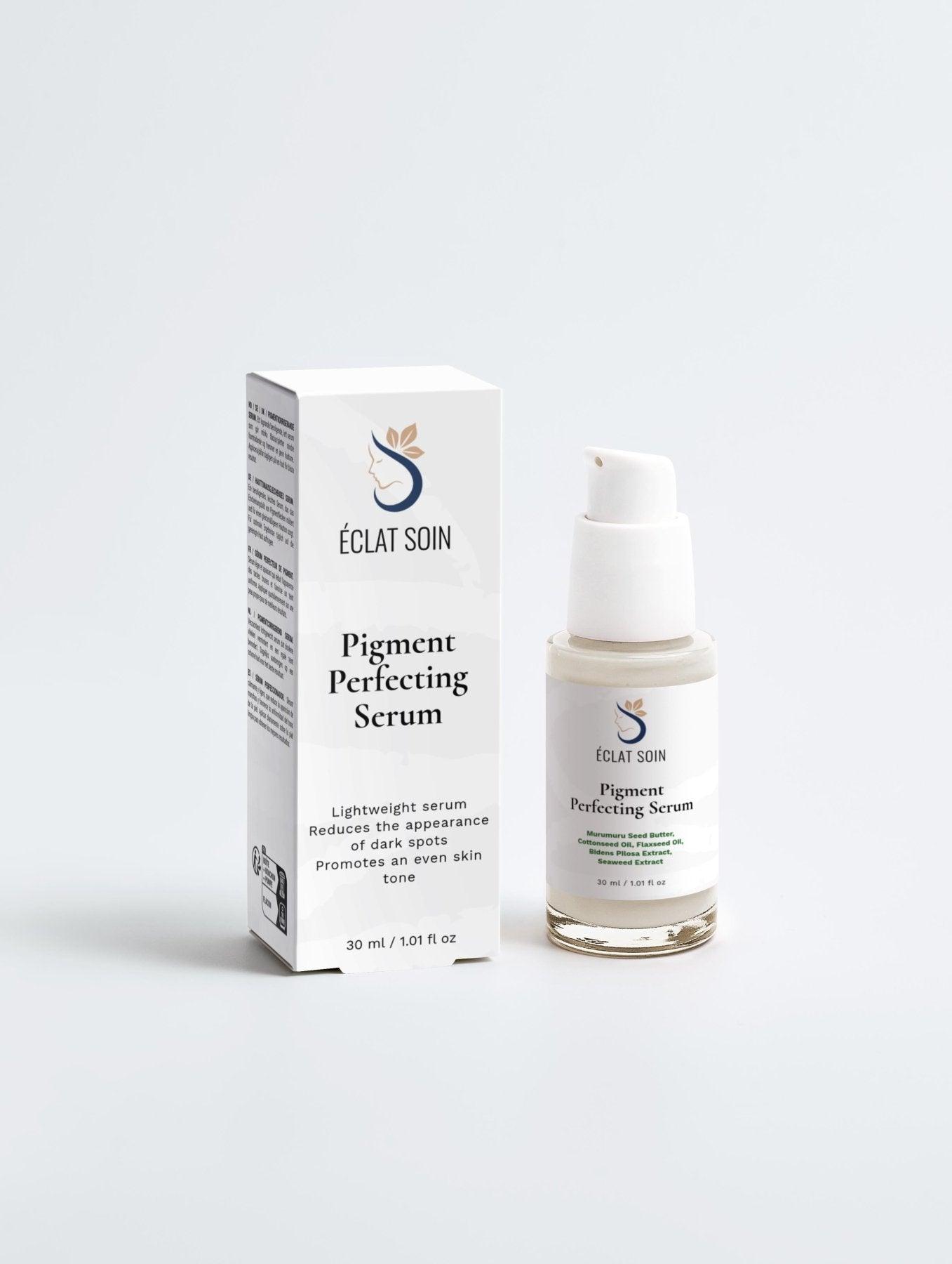 Eclat Soin natural pigment perfecting serum in a glass bottle with a box for reducing dark spots